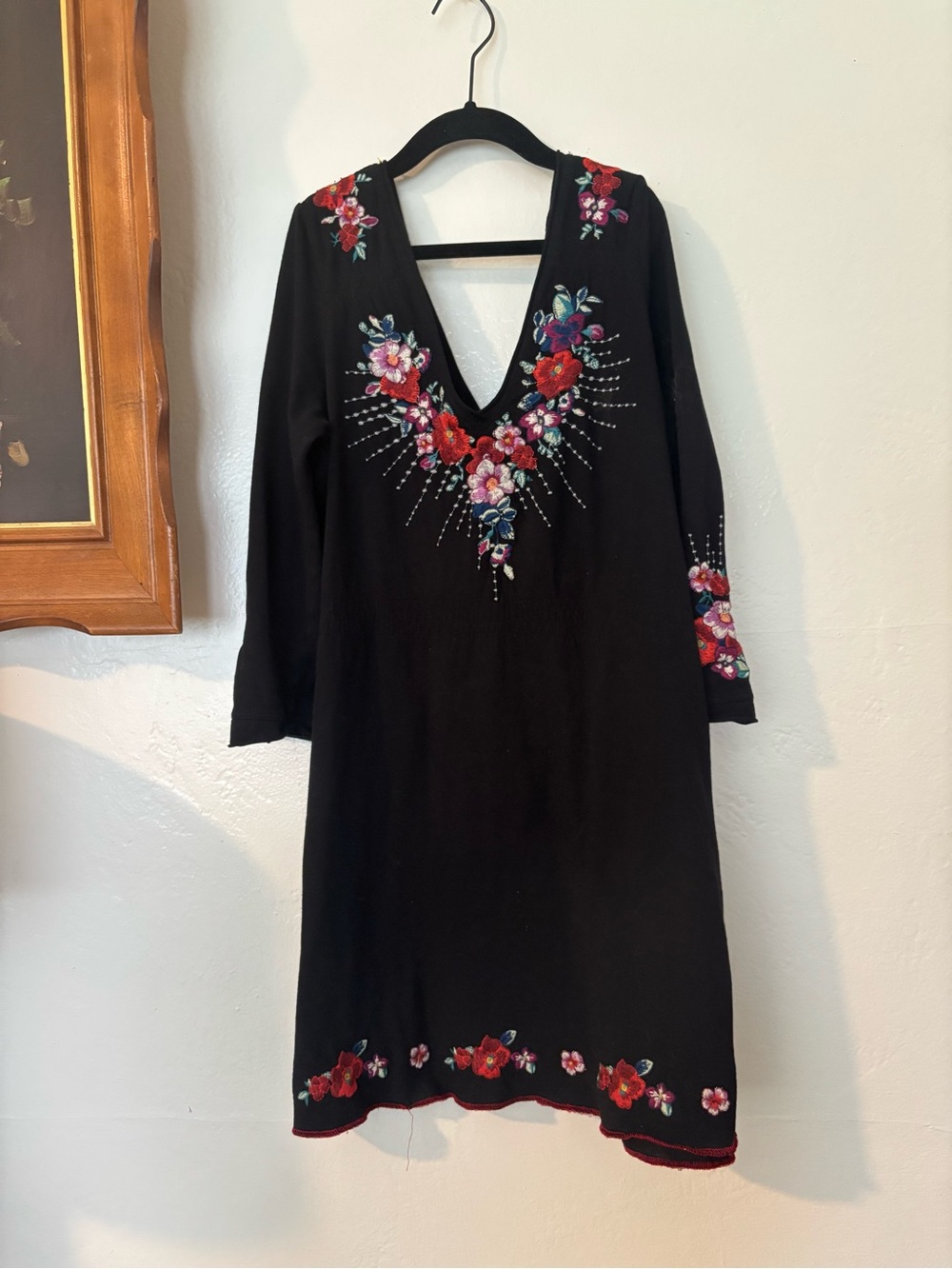 Johnny Was Black Dress with Red and Pink Floral Embroidery